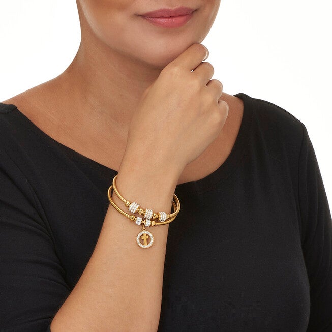 Round Crystal Gold Ion-Plated Stainless Steel Cross Charm Bracelet Set 7-inch, WHITE, alternate image number null