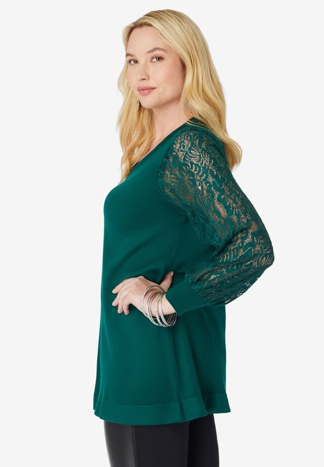 Lace Sleeve V Neck Sweater, , alternate image number null