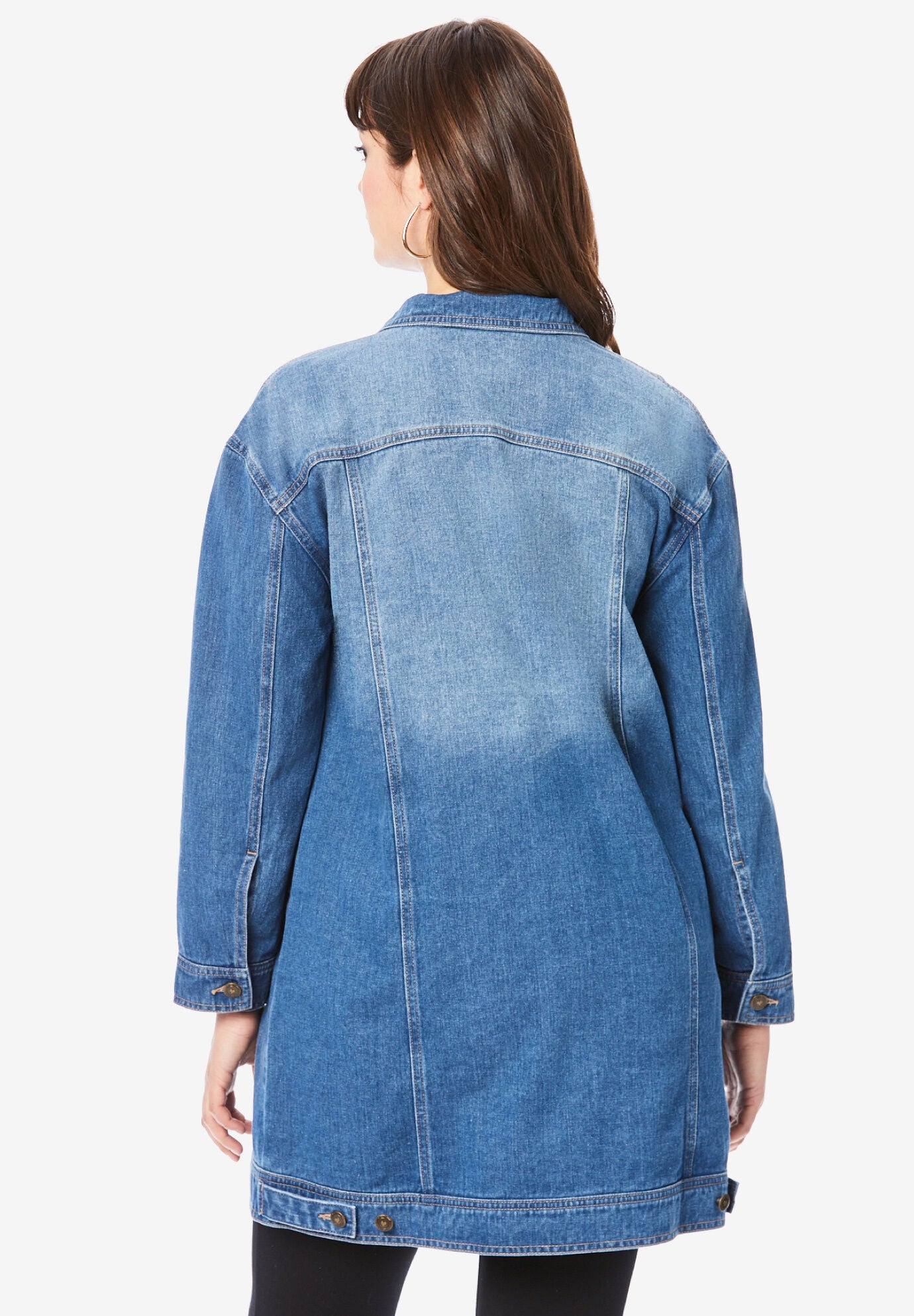 Plus Size Long Denim Jacket, BLACK, on-hover image number 1