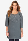 Three-Quarter Sleeve Embellished Tunic, MEDIUM HEATHER GREY EMBELLISHMENT BURST, hi-res image number null