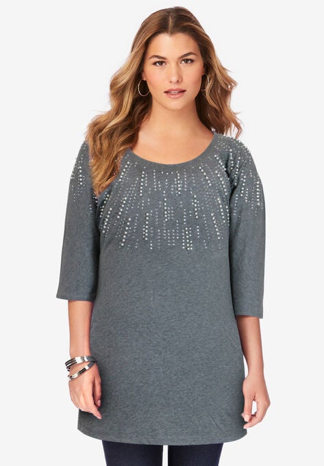 Three-Quarter Sleeve Embellished Tunic, MEDIUM HEATHER GREY EMBELLISHMENT BURST, hi-res image number null