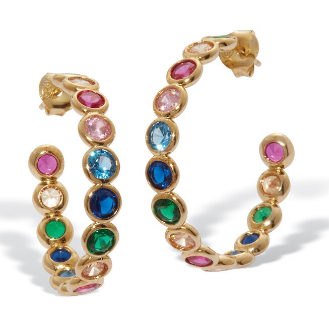 3 TCW Round Rainbow Cubic Zirconia Gold-Plated Hoop Earrings, GREEN, hi-res image number null