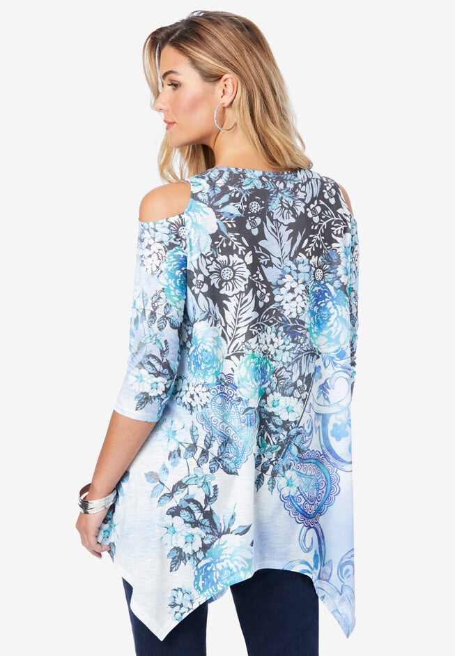 Printed Cold-Shoulder V-Neck Tunic, , on-hover image number null