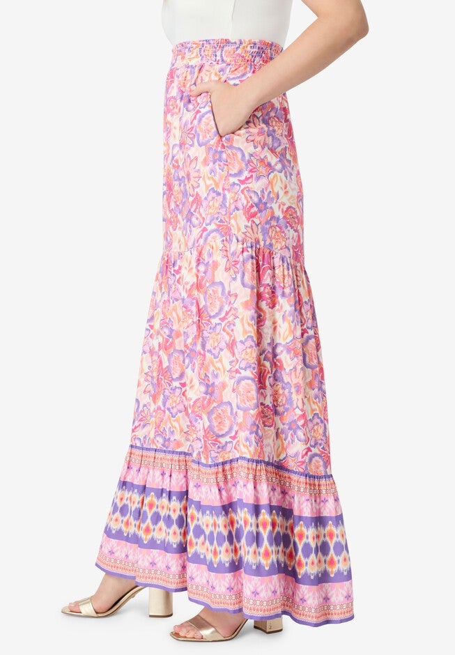 Tiered Maxi Skirt, FLORAL IKAT BORDER, alternate image number null
