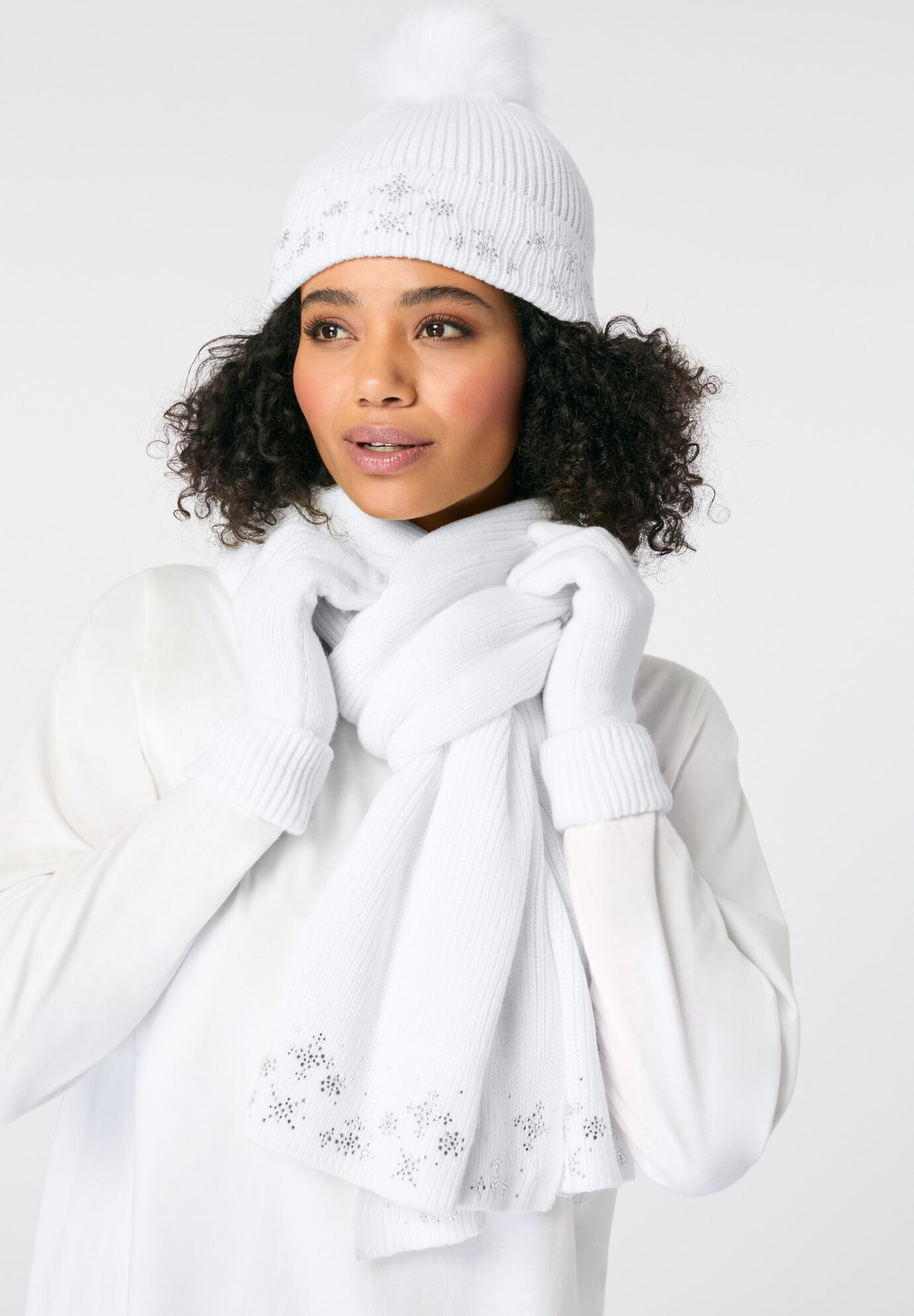3 Piece Embellished Hat, Scarf And Gloves Set, WHITE, alternate image number 3