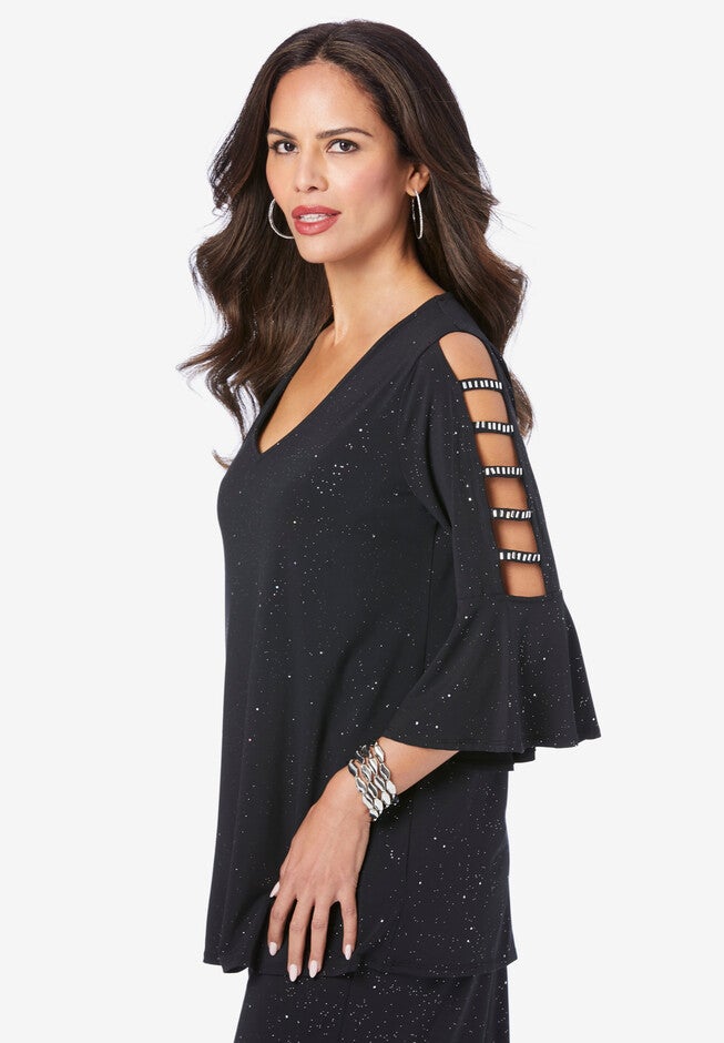 Embellished Lattice-Sleeve Ultrasmooth® Fabric Top, , alternate image number null