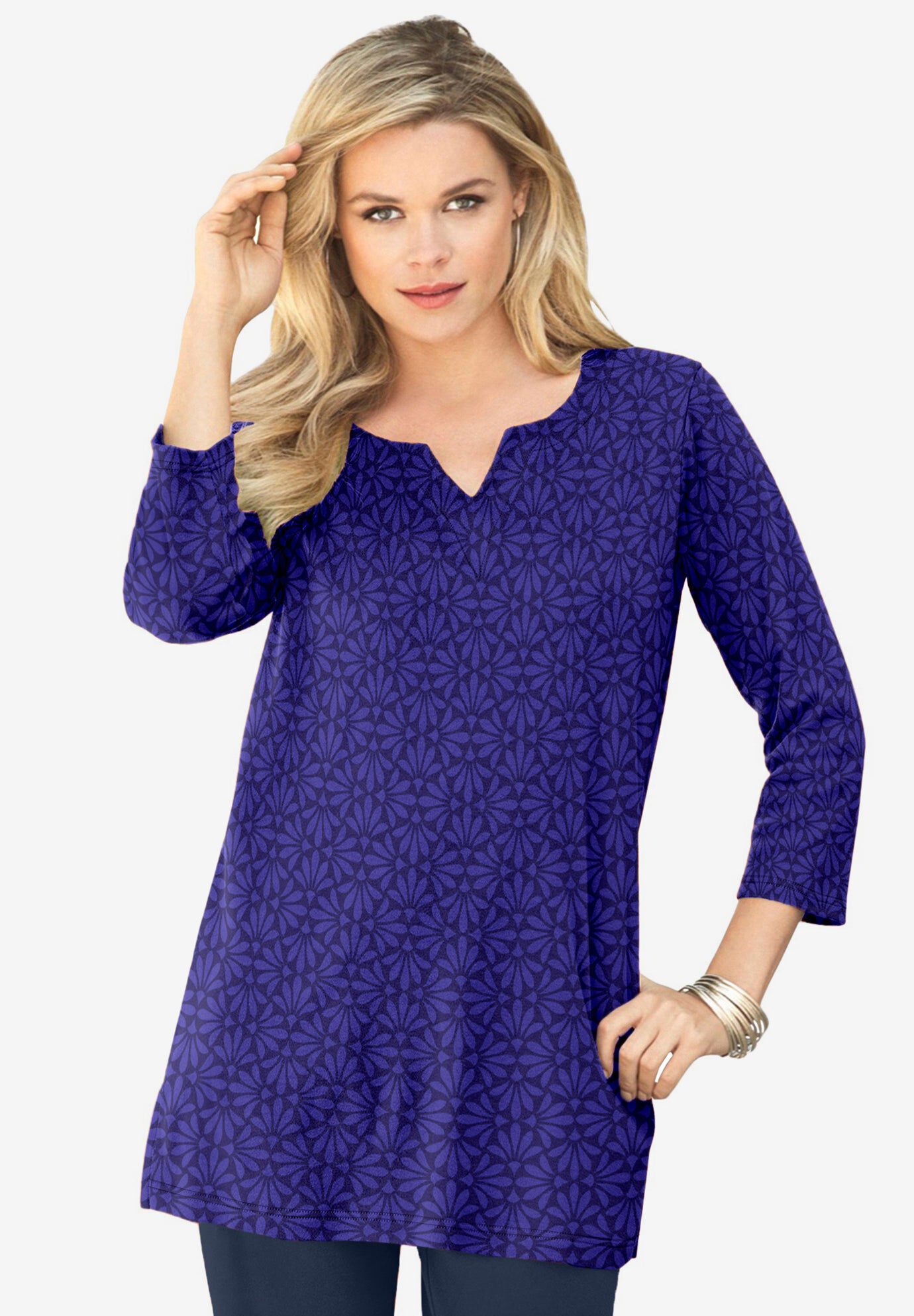 Plus Size Three-Quarter Sleeve Notch Neck Soft Knit Tunic