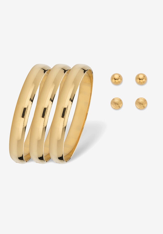 Goldtone Polished Bangle Earring and Ball Stud Earring Set 7.5 inches, GOLD, hi-res image number 0
