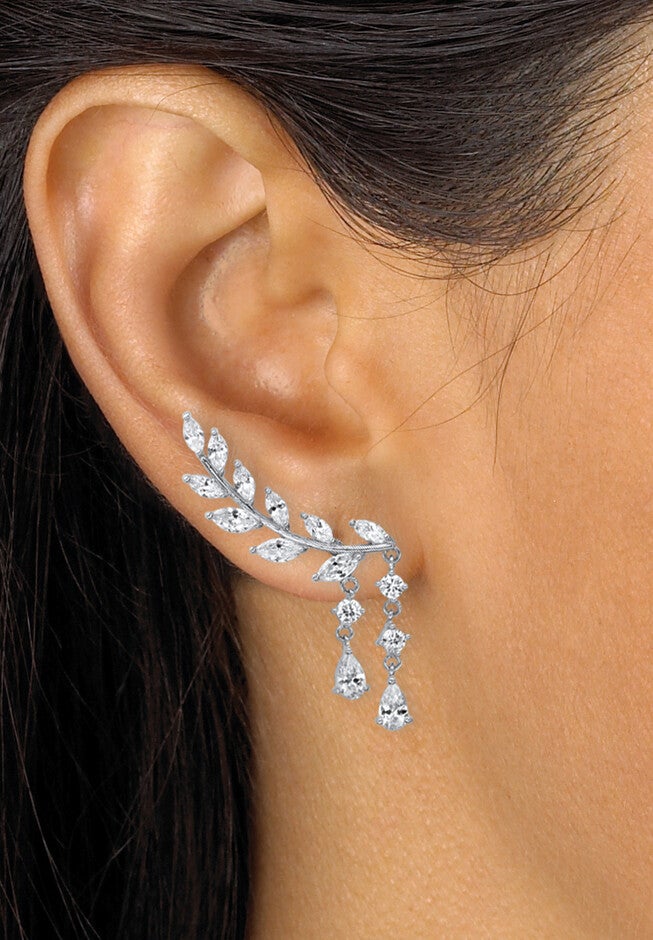 Silvertone Marquise Cut Ear Climber Drop Earrings Cubic Zirconia, , alternate image number 2