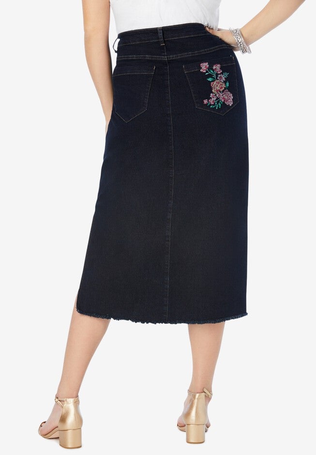 Embroidered Midi-Length Denim Skirt, , on-hover image number 1
