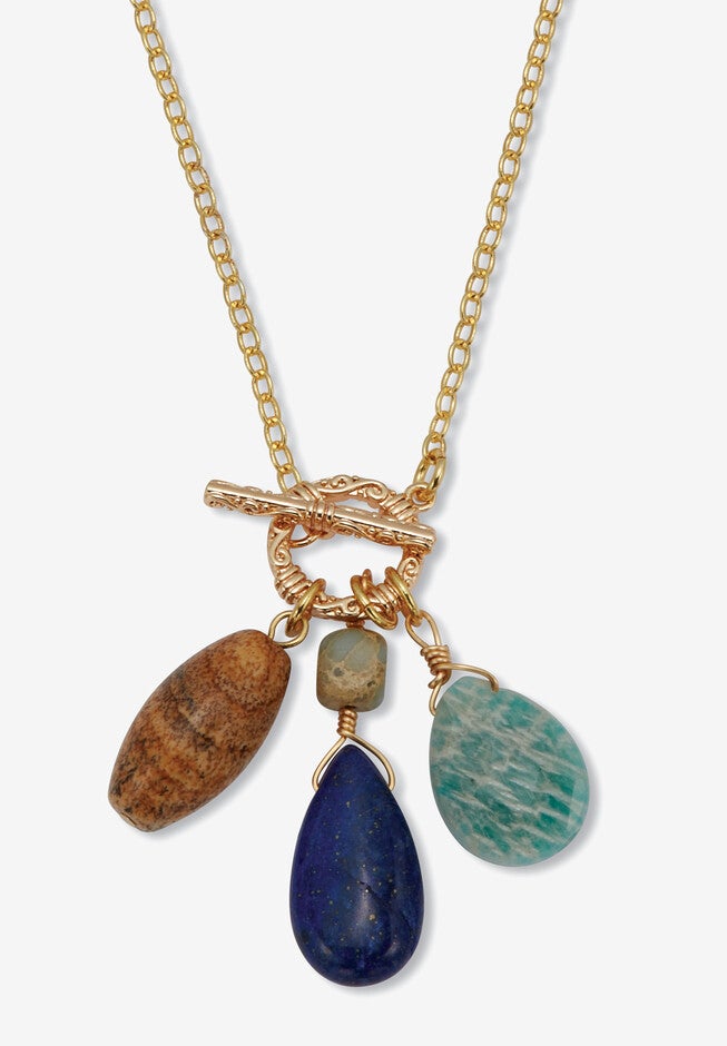Genuine Agate Goldtone Drop Necklace, 28-Inch Length, BROWN, hi-res image number null