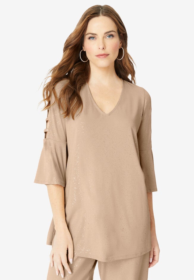 Embellished Lattice-Sleeve Ultrasmooth® Fabric Top, NEW KHAKI SPARKLE, hi-res image number null