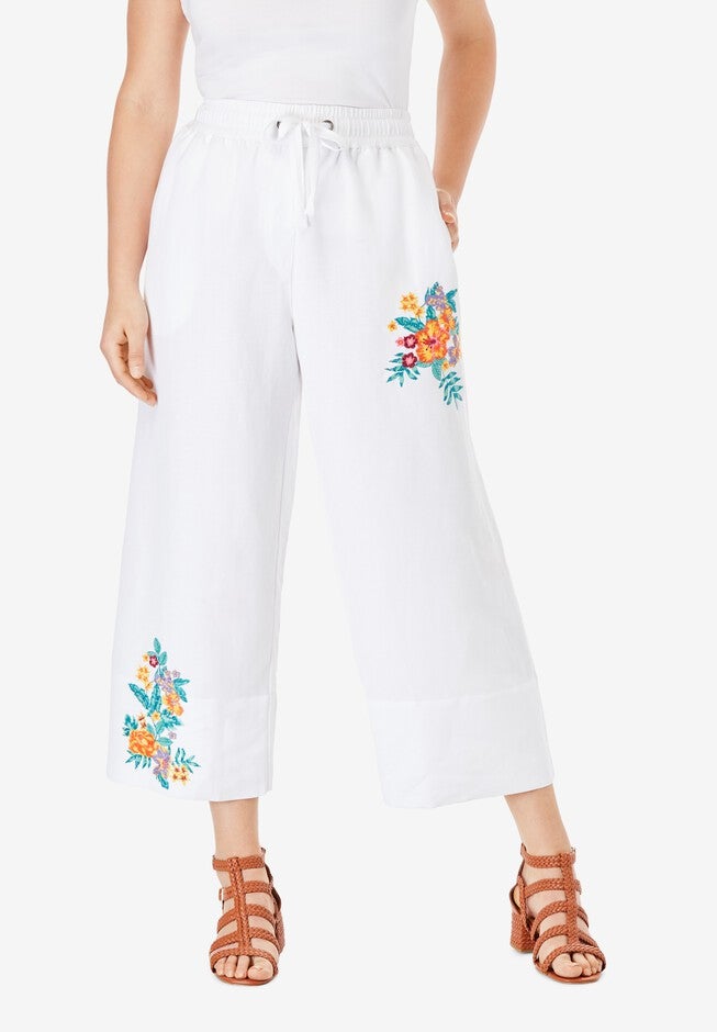 Linen Wide-Leg Crop Pant, TROPICAL BOUQUET EMBROIDERY, hi-res image number 0