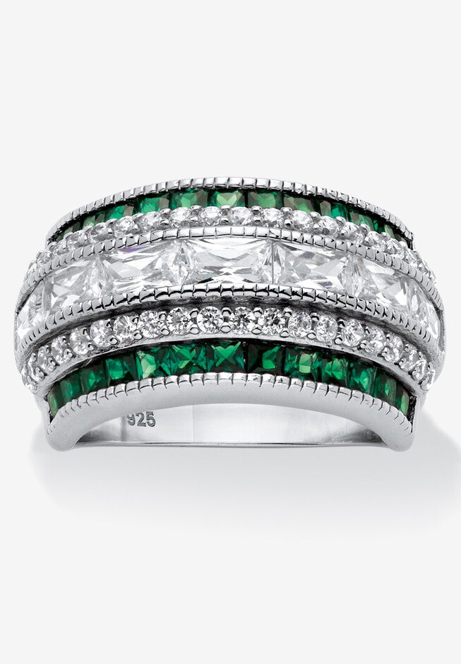 6.48 Cttw. Platinum-Plated Sterling Silver Emerald-Cut Cubic Zirconia Row Ring, SILVER, hi-res image number 0