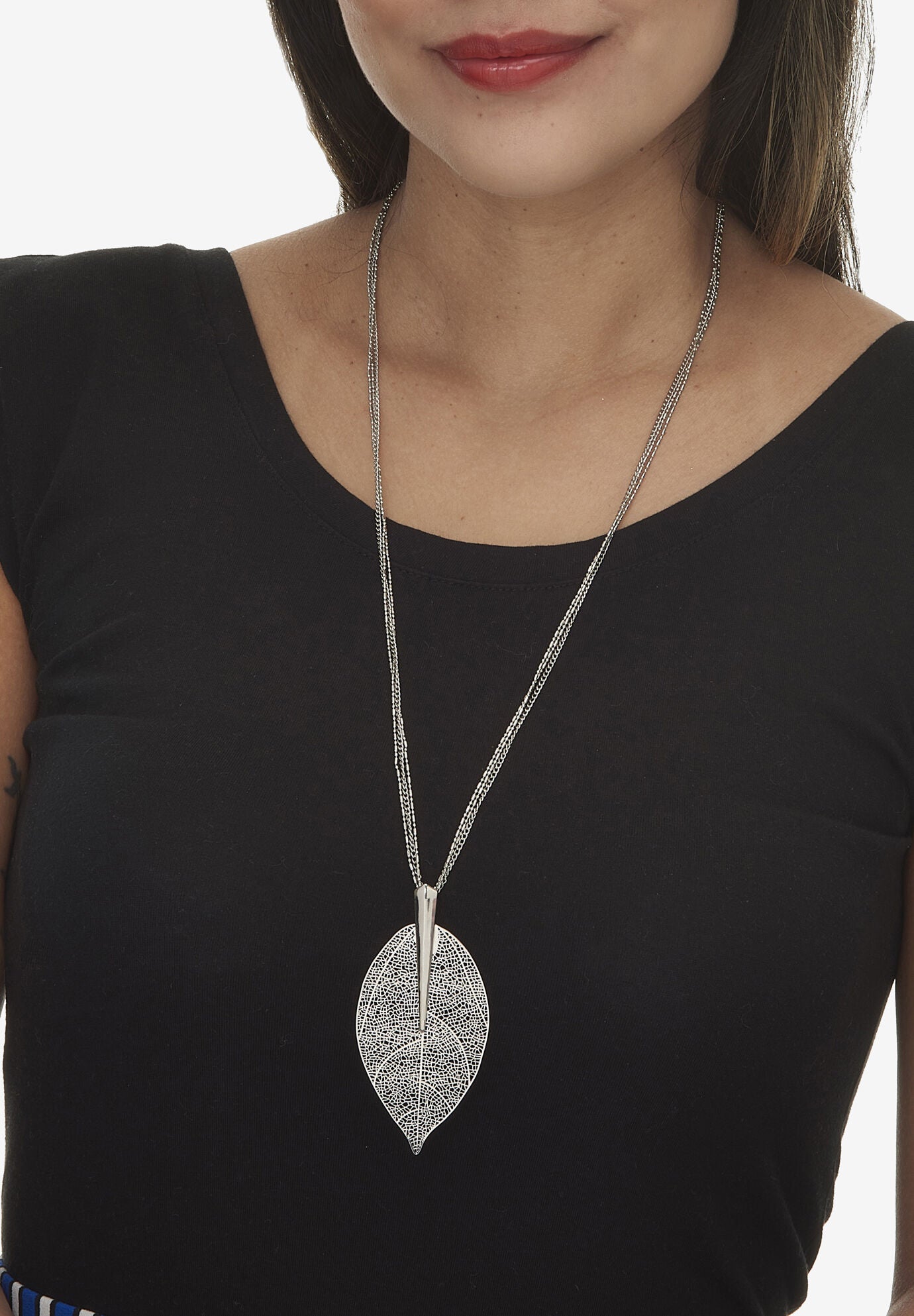 Silvertone Leaf Drop Necklace, 26 Inch Chain, Plus 2 Inch Extension, , alternate image number 2