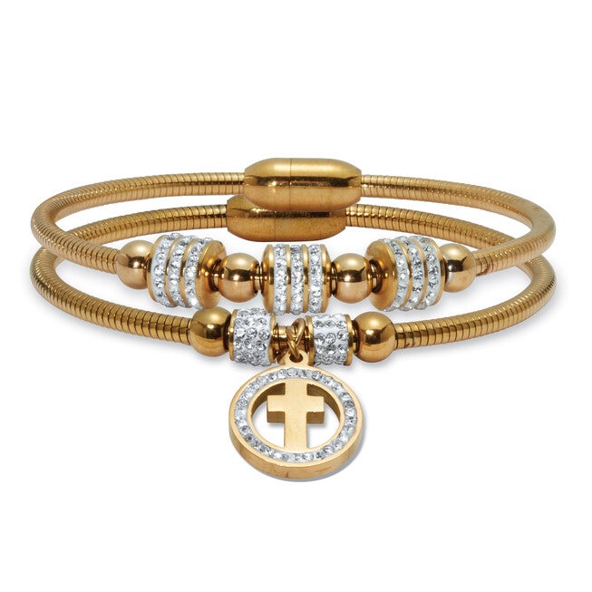 Round Crystal Gold Ion-Plated Stainless Steel Cross Charm Bracelet Set 7-inch, WHITE, hi-res image number null