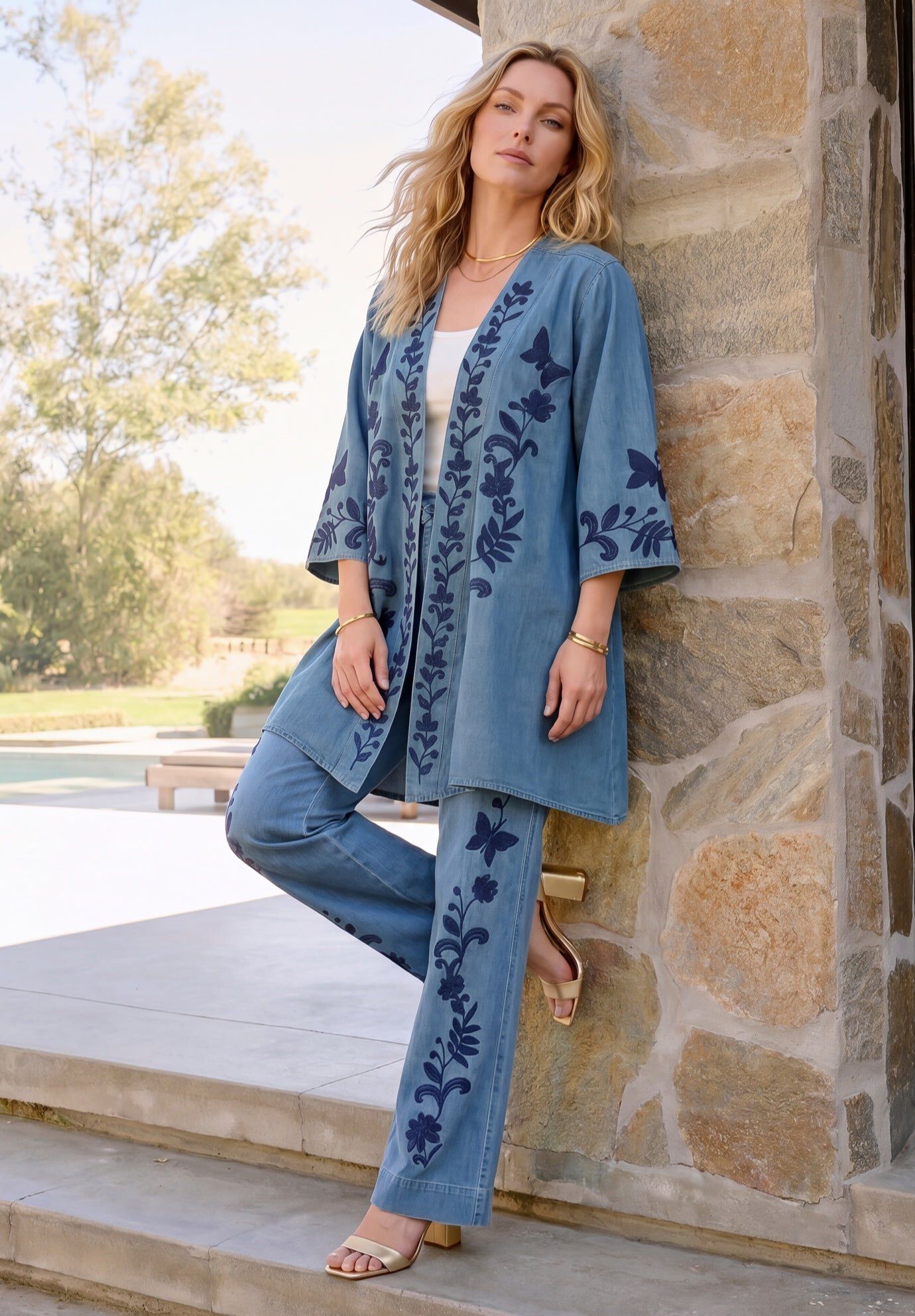 Plus Size Chambray Embroidered Kimono, STONEWASH BUTTERFLY, hi-res image number 0
