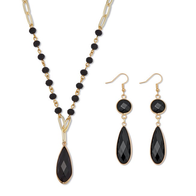 Black Crystal Goldtone Vintage-Inspired Necklace and Earring Set, BLACK, hi-res image number 0