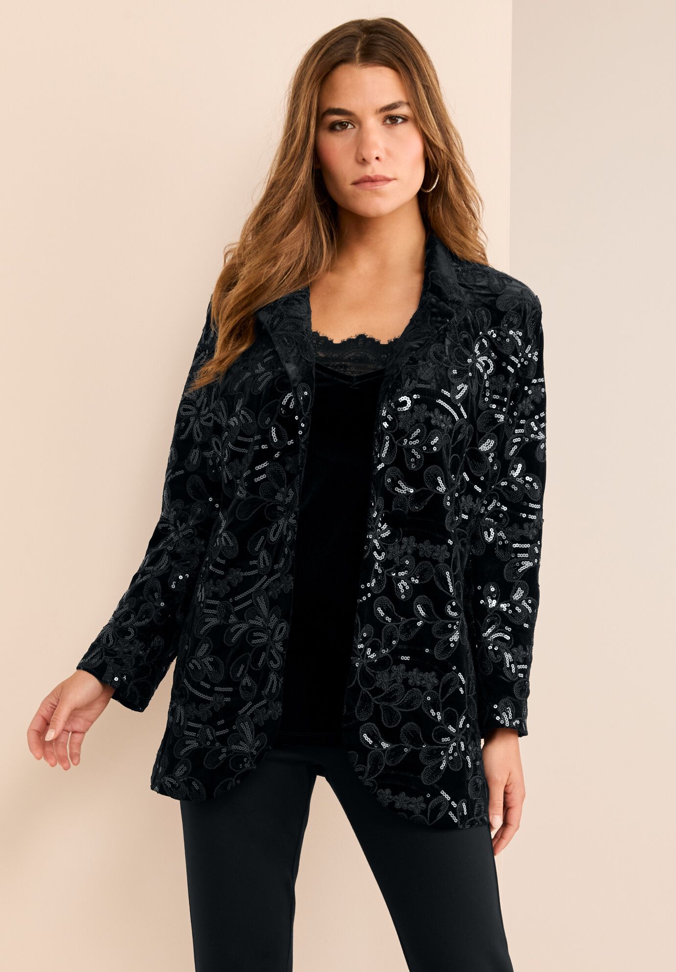 Plus Size Sequin Embroidered Blazer, BLACK FILIGREE EMBELLISHMENT, on-hover image number 1