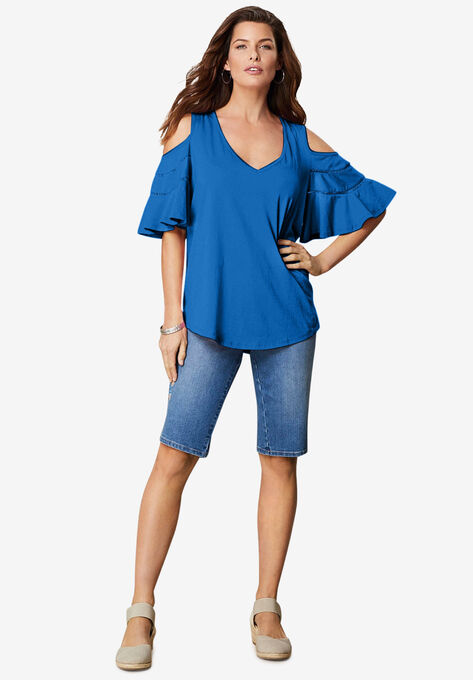 Ruffle-Sleeve Top with Cold Shoulder Detail, VIVID BLUE, hi-res image number null