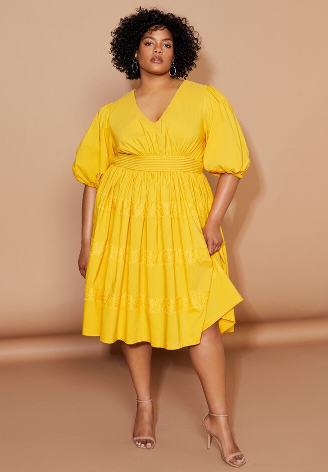 Lace-Trimmed Tiered Midi Dress, OLD GOLD, hi-res image number null
