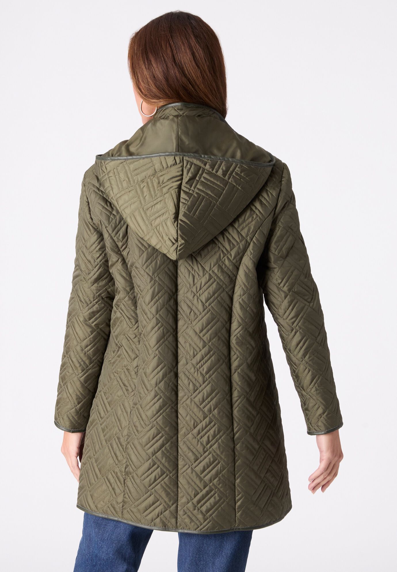 Plus Size Leather Trim Quilted Jacket, DARK OLIVE GREEN, alternate image number 2