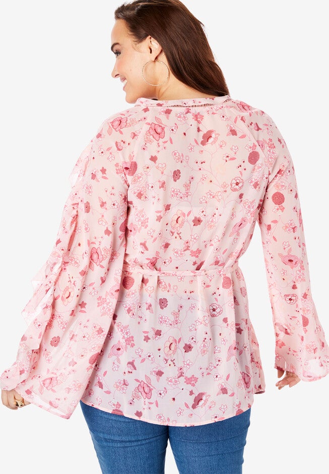 Ruffle-Sleeve Tunic with Tie Waist, BLUSH MULTI FLORAL, on-hover image number 1