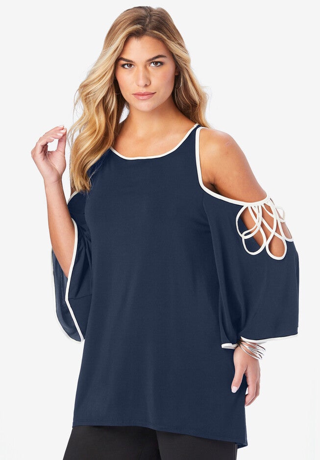 Tipped Cold-Shoulder Ultrasmooth® Fabric Top, NAVY WHITE BINDING, hi-res image number null