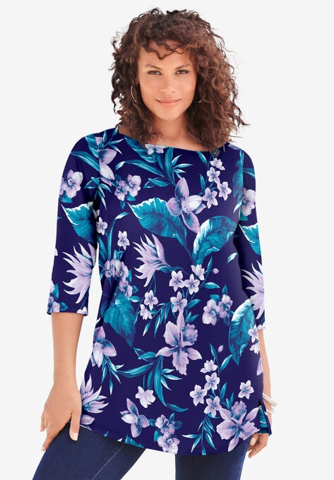 Boatneck Ultimate Tunic with Side Slits, NAVY TROPICAL ORCHID, hi-res image number null