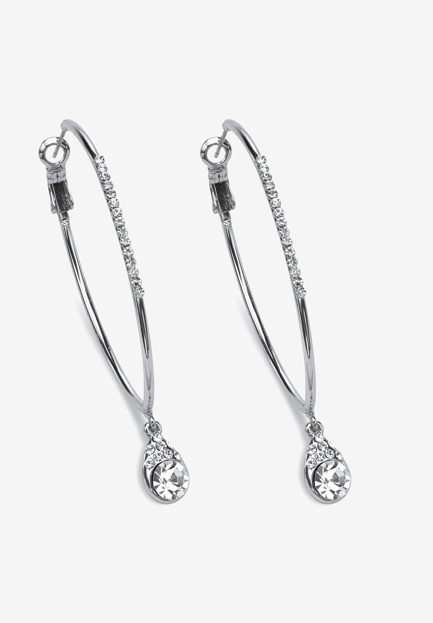 Silvertone Teardrop Hoop Earrings (64Mm) Round Crystal Jewelry, CRYSTAL, hi-res image number 0