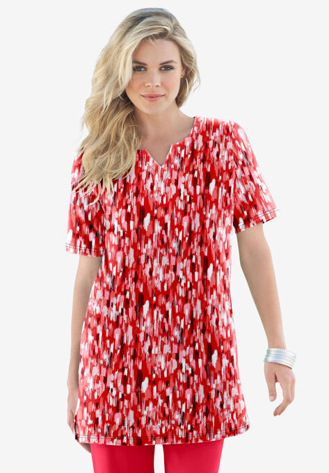 Print Notch-Neck Soft Knit Tunic, VIVID RED BRUSHSTROKE, hi-res image number null