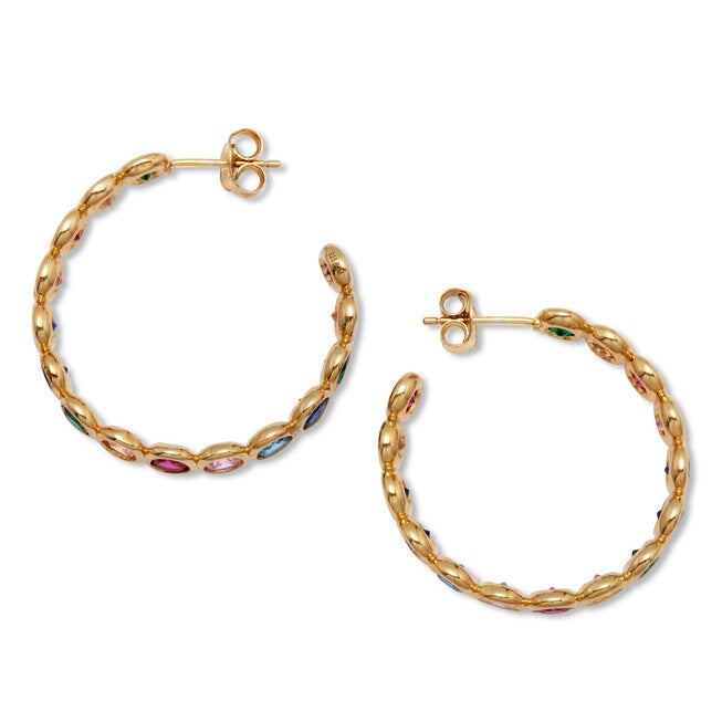 3 TCW Round Rainbow Cubic Zirconia Gold-Plated Hoop Earrings, GREEN, on-hover image number null