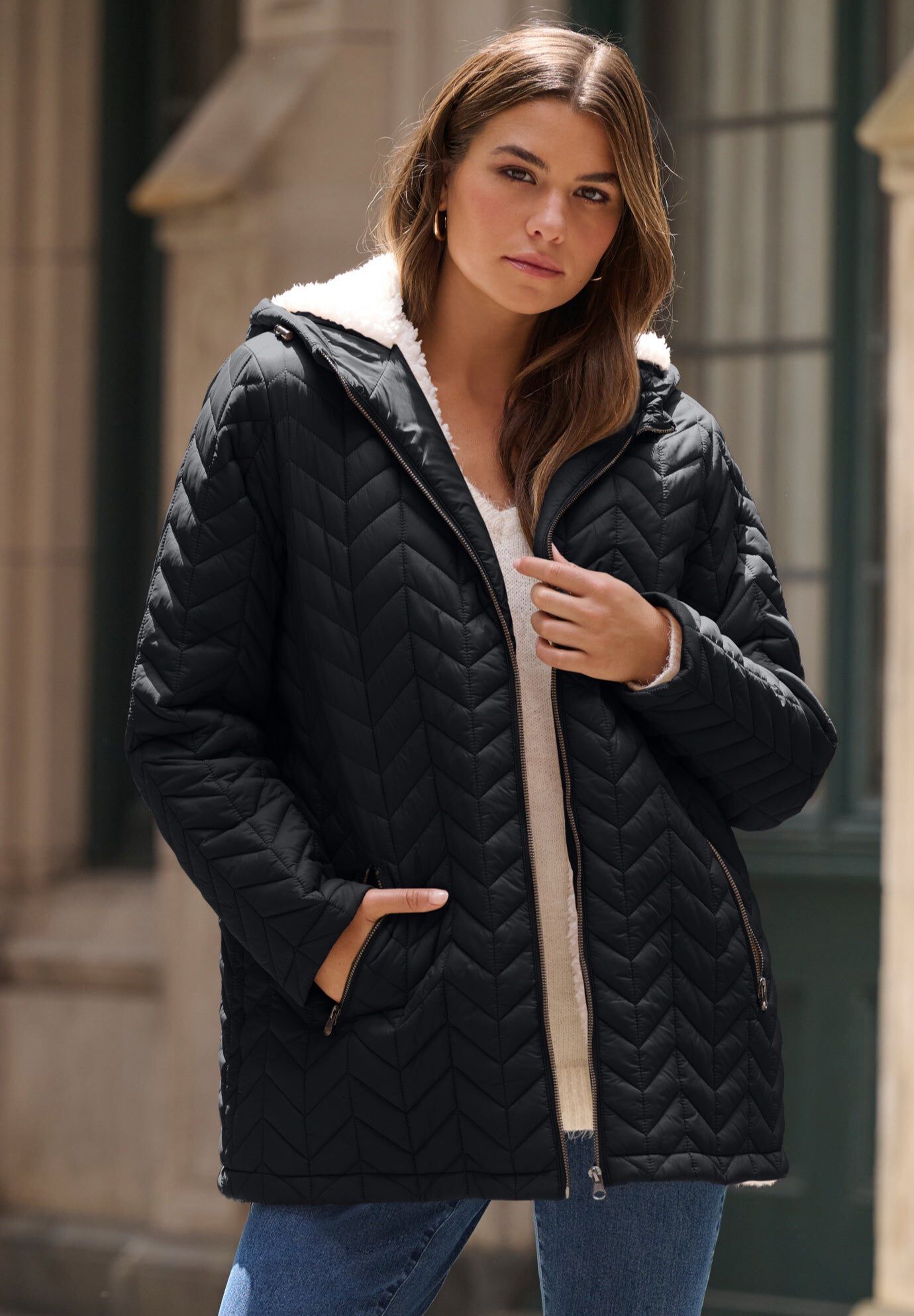 Plus Size Sherpa Lined Quilted Jacket, BLACK, hi-res image number 0