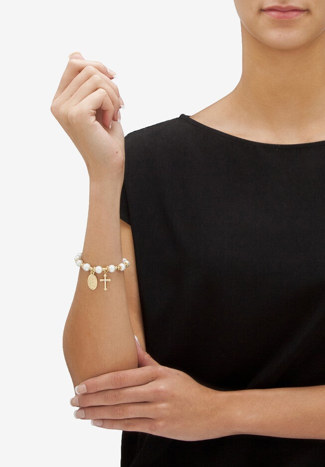 Round Simulated Pearl And Beaded Religious Stretch Bracelet In Goldtone 7 inches Jewelry, , alternate image number 2