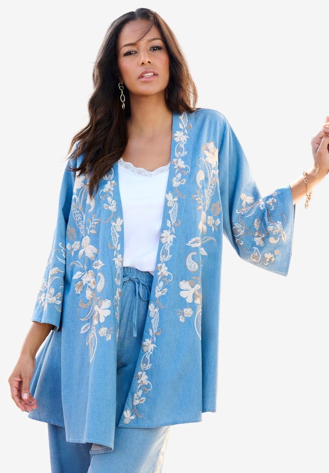 Embroidered Chambray Kimono, NATURAL VINE EMBROIDERY, hi-res image number null