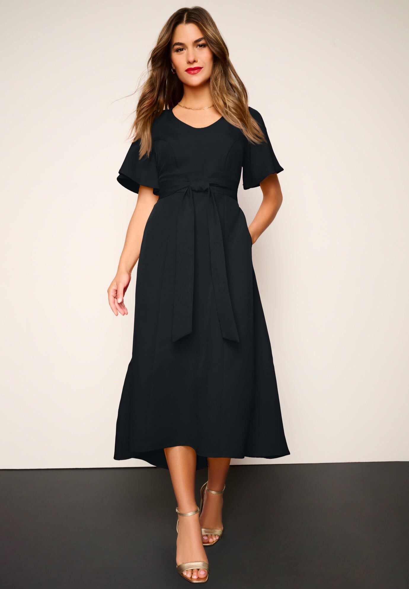 Plus Size Flutter Sleeve V-Neck Fit and Flare Bi-stretch Maxi Dress ...