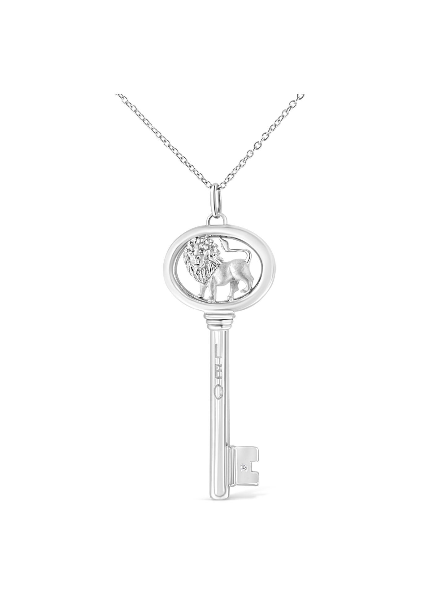 Sterling Silver Diamond Accent Leo Zodiac Key Pendant Necklace, WHITE, hi-res image number 0