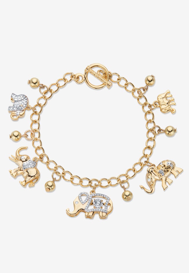 Gold Tone Round Crystal Elephant Charm Bracelet, CRYSTAL, hi-res image number 0
