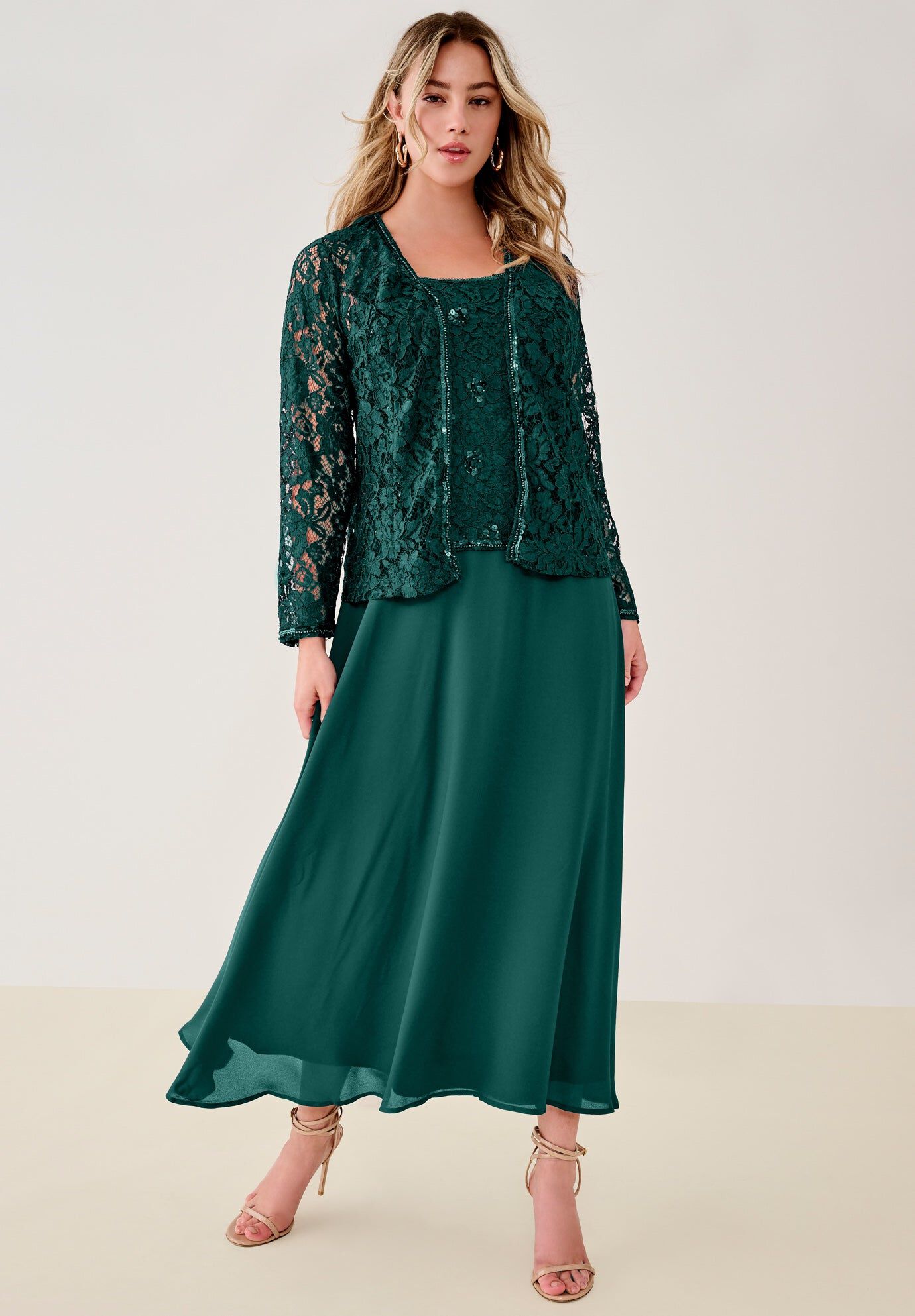 Plus-Size 2 Piece Long Sleeve Embellished Lace Jacket and Full Gown
