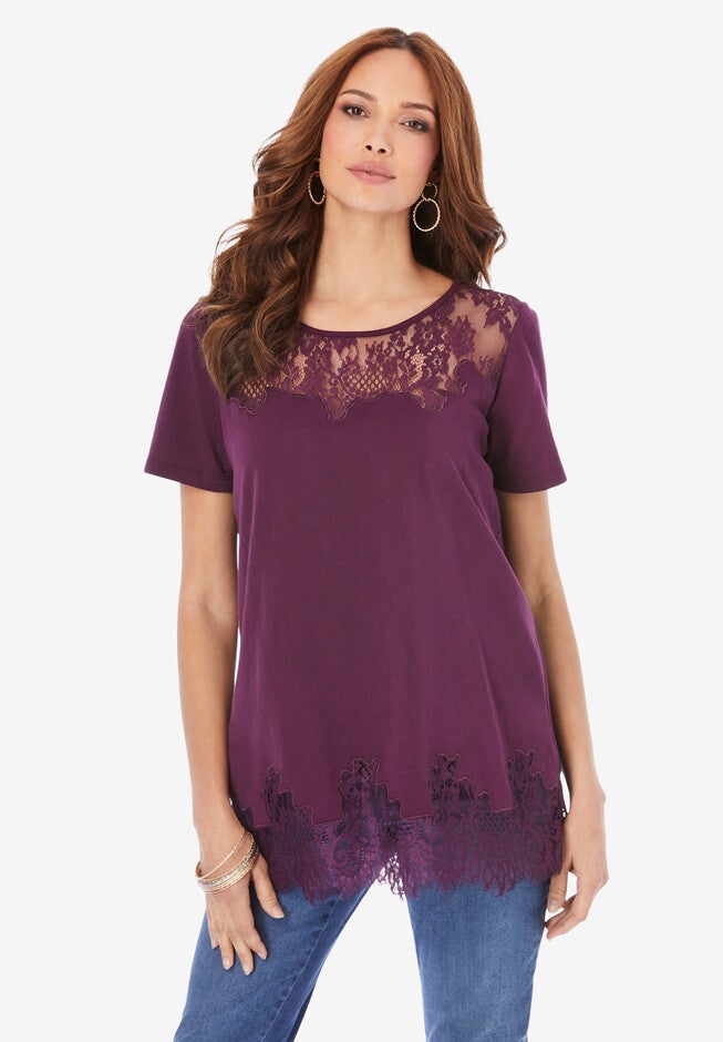 Lace-Trim T-Shirt, DARK BERRY, hi-res image number null