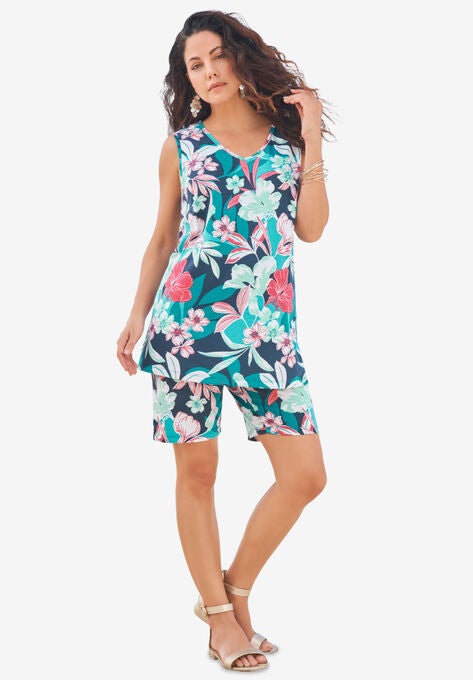 Printed Tank and Short Set, TEAL ALOHA TROPICAL, hi-res image number null