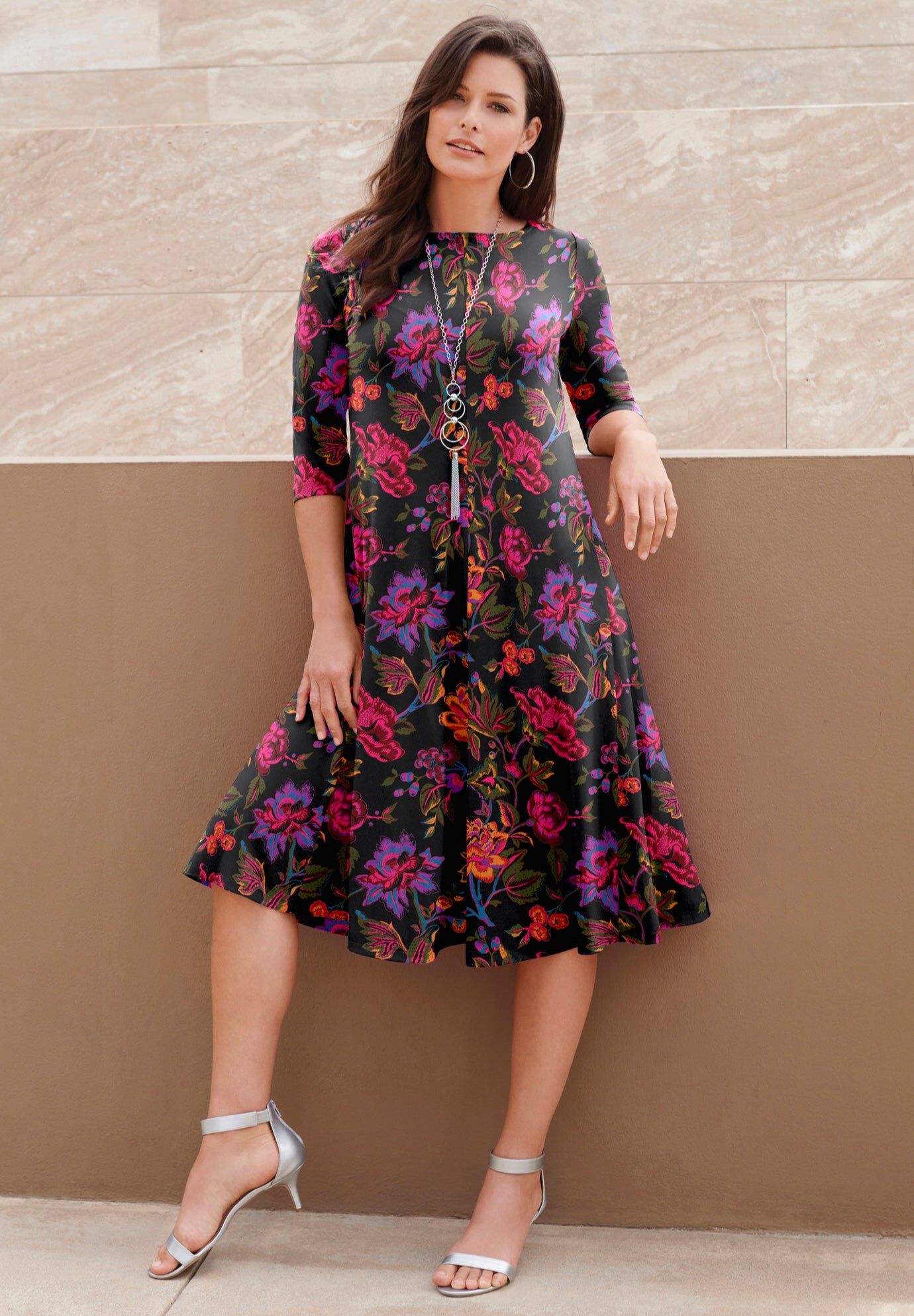 Plus Size 3/4 Sleeve Boatneck Swing Dress, MULTI BLOCK PRINT FLORAL, hi-res image number 0