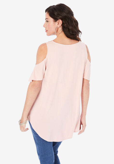 Lace-Trim Cold-Shoulder Tee, , on-hover image number null