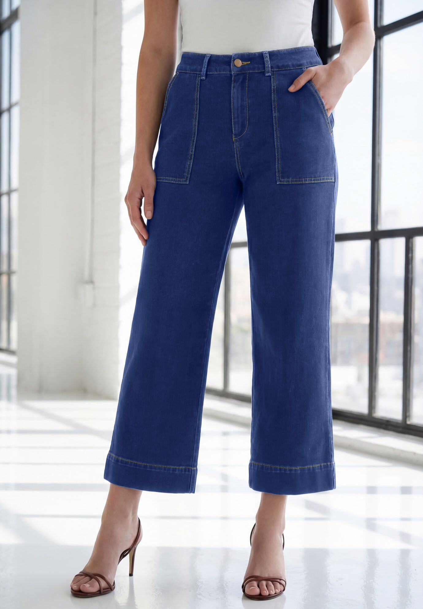 Utility Flare Ankle Pants with Button Fly Waistband, MEDIUM WASH, hi-res image number 0