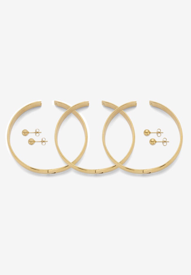 Goldtone Polished Bangle Earring and Ball Stud Earring Set 7.5 inches, , on-hover image number 1