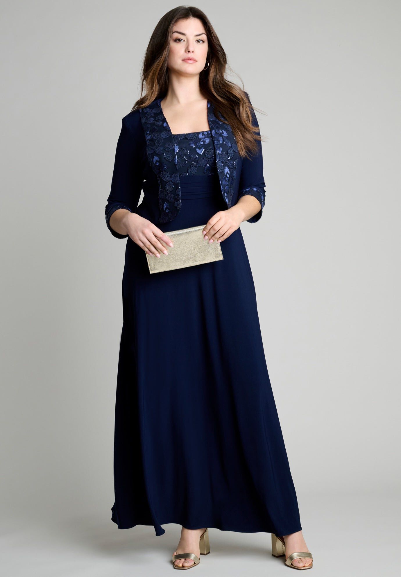 Plus-Size 2 Piece 3/4 Sleeve Embellished Jacket and Gown, NAVY, hi-res image number 0