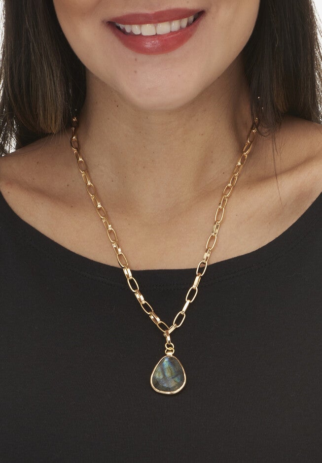 Genuine Blue Labradorite Goldtone Drop Necklace, 20-Inch Length, , alternate image number null