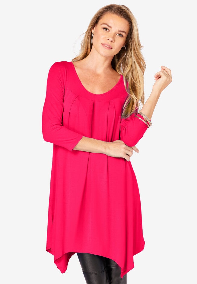 Pleated Three-Quarter Sleeve Ultra Femme Tunic, PINK BURST, hi-res image number null