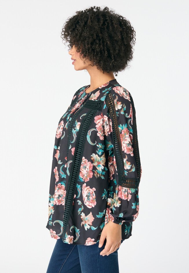 Lace-Trim Blouson-Sleeve Top, BLACK SCROLL GARDEN, alternate image number 3