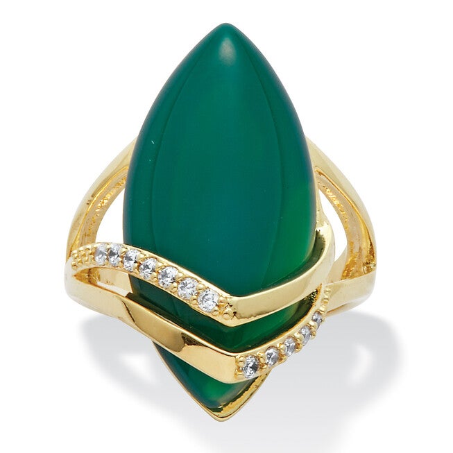 .16 TCW Genuine Green Agate and Cubic Zirconia Yellow Gold-Plated Marquise Ring, GREEN, hi-res image number 0
